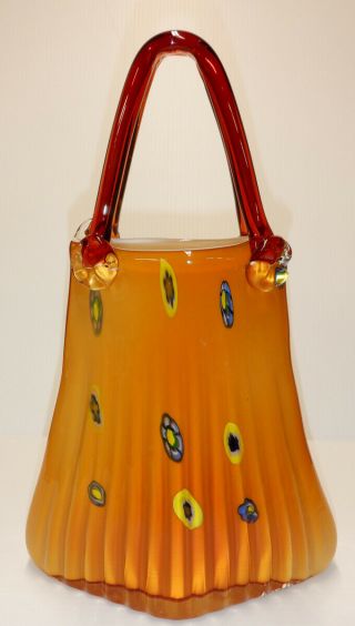 Vintage Tall Murano Style Purse Handbag Vase Hand Blown Glass Art 14 " H