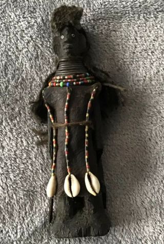 Vintage African Doll Black Carved Wood Hair Bead Shell Tribal Primitive 6.  75”