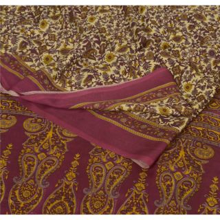 Sanskriti Vintage Cream Saree Moss Crepe Printed Sari Soft Decor Craft Fabric