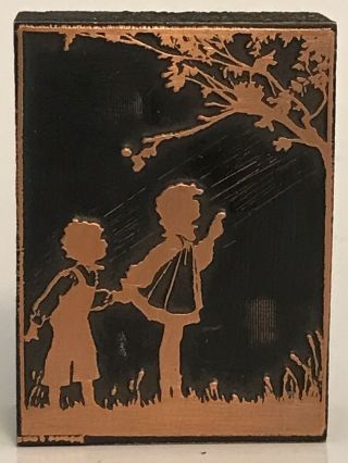 Vtg Copper Printing Press Ink Stamp On Wood Children Looking At Tree Rare Euc