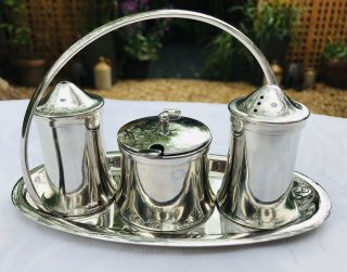 Vintage Old Hall Stainless Steel Condiment Set 3 Piece & Stand Mid Century