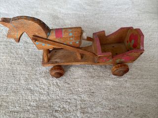 Vintage Wooden Toy Horse And Cart Decorated.