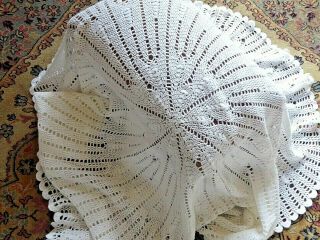 Vintage 80s White Hand Knitted Circular Baby Shawl Approx 52 " Circular