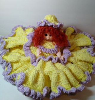 Vintage Bed Pillow Doll With Hand Crocheted Dress & Hat Yellow Purple Red Hair