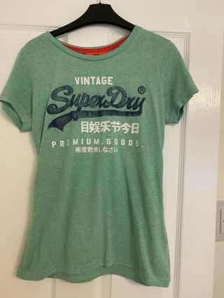 Superdry Vintage Ladies Tshirt In Green With Print Logo To Front Size Medium
