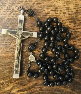 19th Century Antique Vintage Old Big Carved French Wood Rosary Beads Ebony Cross