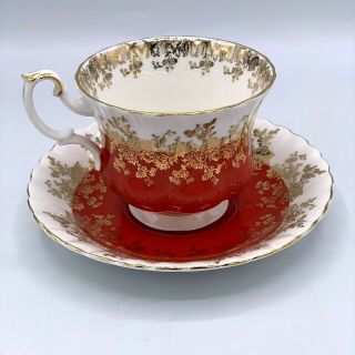 Vintage Royal Albert Red & Gold Teacup And Saucer Set Elegant Scalloped Saucer