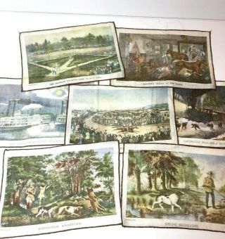 Vintage Currier And Ives Prints On Linen Cloths,  7 Different Scenes