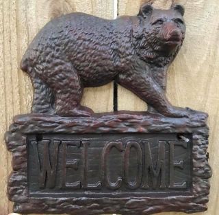 Vintage Welcome Sign Cast Iron Trail Bear Native American Door Hanger