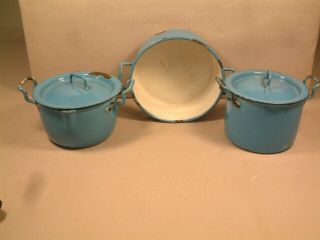 3 Piece Antique Blue Enamel Childs Play Set Of Pots And Lids $10 O/b Nr Look