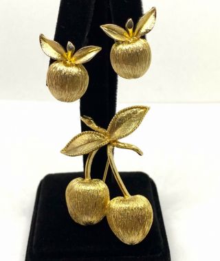 Vintage Sarah Coventry “golden Cherries” Earrings & Pin Brooch
