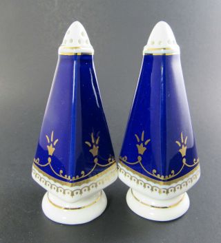 Vintage Fine Porcelain Cobalt Blue Gold Trim Salt & Pepper Shakers Set (a39)