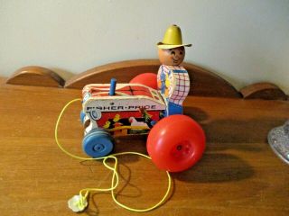 Vintage 1961 Fisher Price Farmer On A Farm Tractor Pull Toy 629