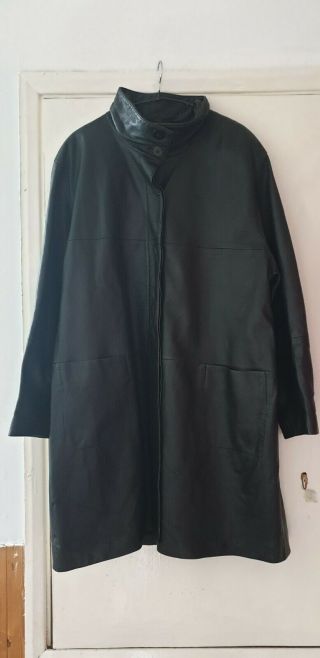 Vintage St Michael Long Black Leather Jacket Coat Uk 18