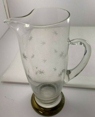 Vtg Mid Century Etched Stars Clear Glass Cocktail Martini Pitcher Brass Bottom