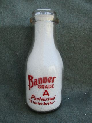 Old Vintage 1940 Banner 1 Pint Acl Pyro 2 - Color Milk Bottle Abilene Texas