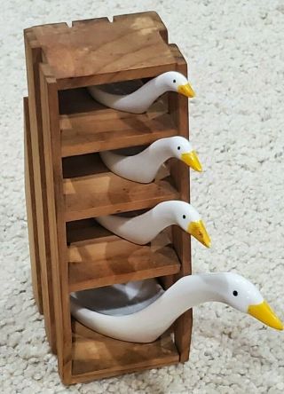 Vtg Ceramic Measuring Spoon Set – 4 Geese Ducks W/ Wood Display Crate,  Avon –lnc