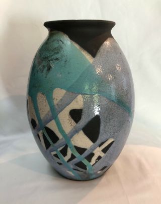 Vintage Blue Glaze Hand Crafted Studio Art Pottery Vase Signed M Davis