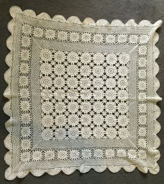 Table Cloth Hand Crochet Ecru Cotton Topper Handmade Vintage Lace Retro Square
