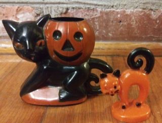 Vintage Halloween Rosbro Hard Plastic Black Cat Pumpkin Candy Container,  Bonus