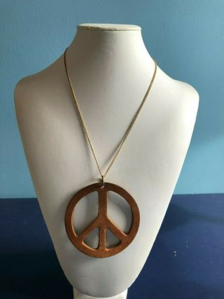 Vintage 1960s Leather Peace Sign Pendant Necklace Boho Retro Hippie Jewelry 11.  5