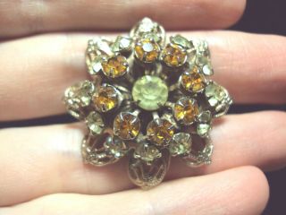 Vintage Yellow Amber Orange Rhinestone Layered Flower Filigree Brass Pin Brooch