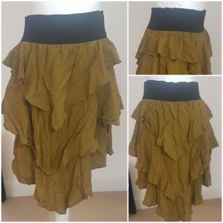 True Vintage 80s Army Green And Black Boho Ruffled Layered Midi Skirt 10 Xmas