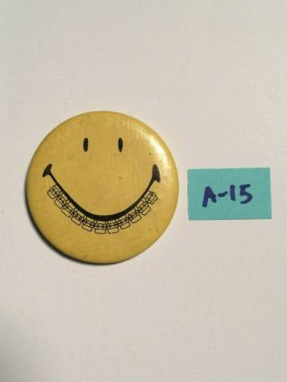 Vintage Yellow Smiley Face With Braces Pin Back Button Pinback A15
