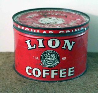 Vintage 1950s Lion Coffee 1 Lb.  Tin Coffee Can W/ith Slip Lid Toldeo Ohio