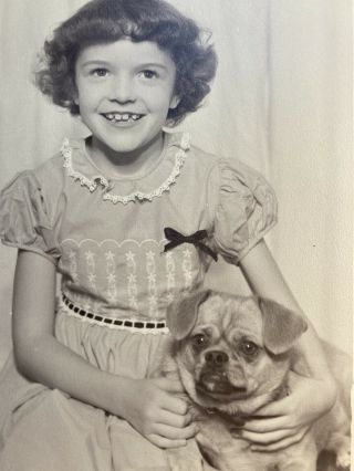 Cute Little Girl With Pug Dog 1940’s Portrait Photo Folder Matted Vintage