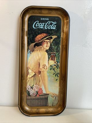 Vintage 1972 Drink Coca Cola Advertising Long Tin Metal Serving Tray Lady
