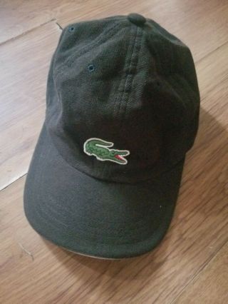Vtg Lacoste Hat Baseball Cap Black W/ Logo Hook And Loop Spellout On Back