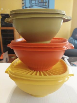 Vintage Tupperware 3 Servalier Nesting Bowls Lids Harvest Colors 836 838 840