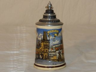Vintage German Hand Painted Beer Stein With Lid 7 1/2 " Tall Praha Arch