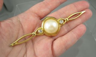 Vintage Signed Monet 4 " Long Gold Tone Faux Pearl Rhinestones Brooch Pin 4748