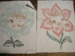 Vtg Anthropomorphic Flower People (2) Stamped Linen? Fabric To Embroider