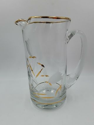 Vtg Glass Pitcher Etched & Frosted Tulip Flowers Leaves Stems Gold Rim Ice Lip