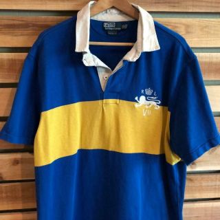 Vtg Polo Ralph Lauren Blue/yellow Stripe Rl Lion Logo 3 Rugby Jersey Shirt 2xl