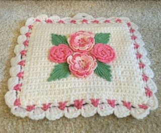 9 " Vintage Pot Holder Trivet Hot Pad Knit/crochet Pink Flowers