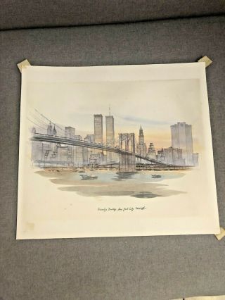 Vintage Watercolor Brooklyn Bridge Nyc Signed By Artist Mostafa
