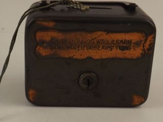 Vintage Metal Strong Coin Box With Key 4.  5 " X3.  25 " X2.  5 "