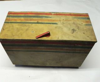 Vintage Tin Metal Bread Box Tan With Green Yellow & Orange Striping With Latch