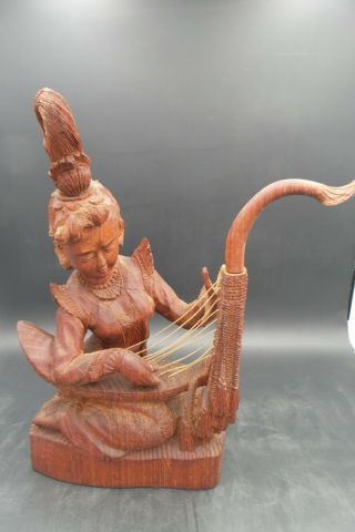 Statuette Vintage Musicienne En Bois Sculptée Asie Du Sud - Est Souvenirs Voyages