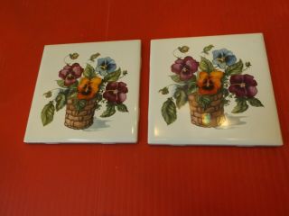 2 Floral Tiles Hand Painted Pansies 4 3/8 " X 4 3/8 " Ceramic Flowers Vintage
