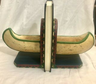 Bookends With Canoe Hand Painted Carved Wooden Rustic Cabin Like Decor Vtg