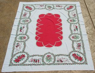 Vtg Retro Christmas Tablecloth 60x50 Santa Reindeer Sleigh Caroler Holly Bells