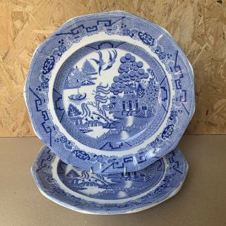 2 X Vintage Blue And White Willow Pattern Chinoiserie Plates 26cm