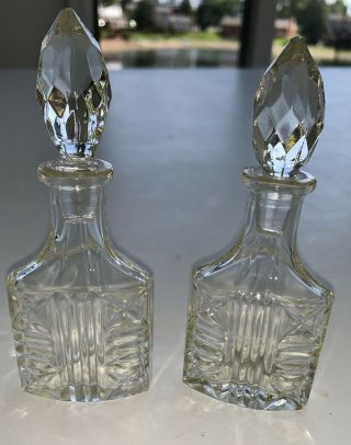 Set Of 2 Vintage Cut Glass Perfume Bottle Triangle W/ Stoppers 1920’s