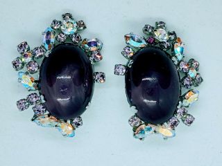 Vintage Austrian Purple Marbled Glass Aurora Borealis Crystal Clip On Earrings