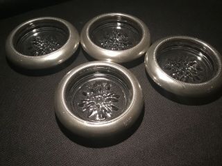 Set Of Four Vintage Empire Pewter Mfg.  Co.  Pewter Rimmed Drink Coasters.  Mcm